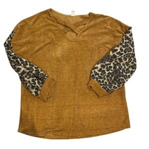 CY  Women's Brown Sweater with Leopard Print Sleeves